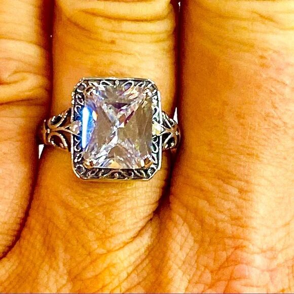 Halo Princess Cut Zircon Engagement Sterling Silver Ring Jewelry - Picture 3 of 4